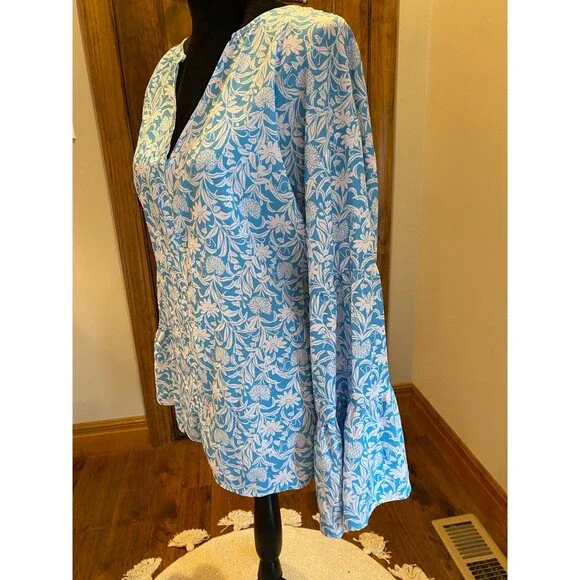 Womens Blouse Plus Size XL Blue Flowy Boho Peasant Bell Sleeve Casual Feminine - Picture 5 of 10